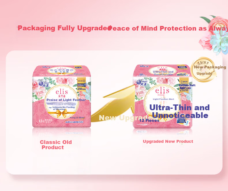 Elis Daio King Light Feather Luxury Comfortable Daily Sanitary Pads 250mm 12pcs Ultra Thin Cotton Soft Skin Instant Absorption Breathable 2