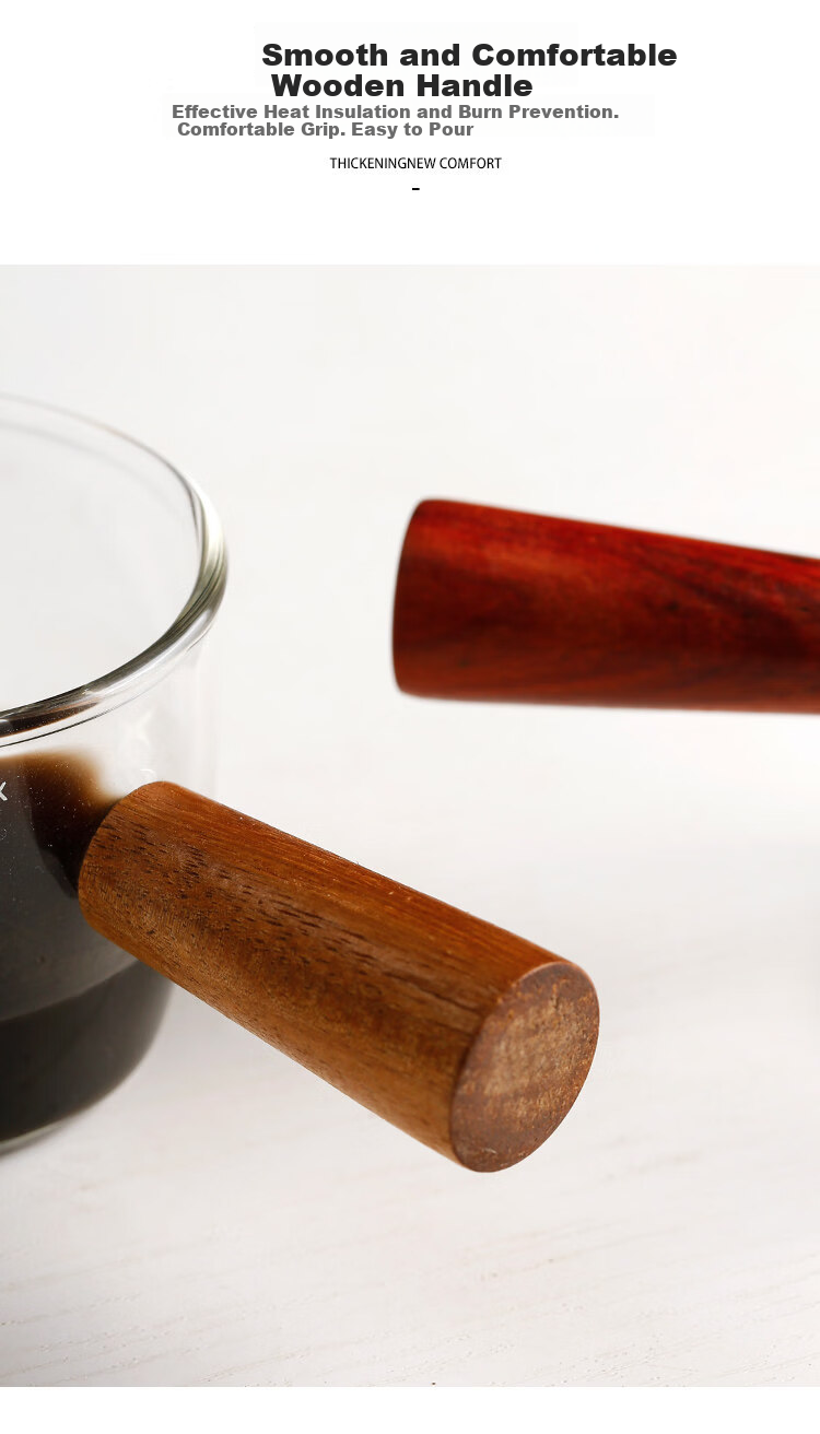 Bethers Japanese Style Ins Glass Milk Jug with Wooden Handle and Scale, Espresso Latte Small Measuring Cup, Mini Milk Pitcher Creamer 9