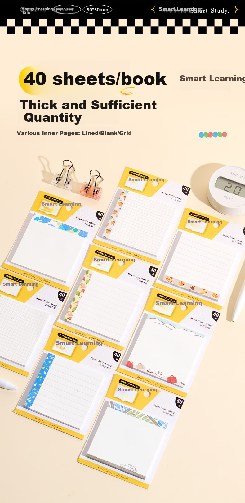 MASMARCU Morning Light Stationery Smart Study Sticky Notes High-Quality 40 Sheets Adhesive Label Memo Paper Medium Size Student Simple Notepad Random YS0352 Exam Essential 6