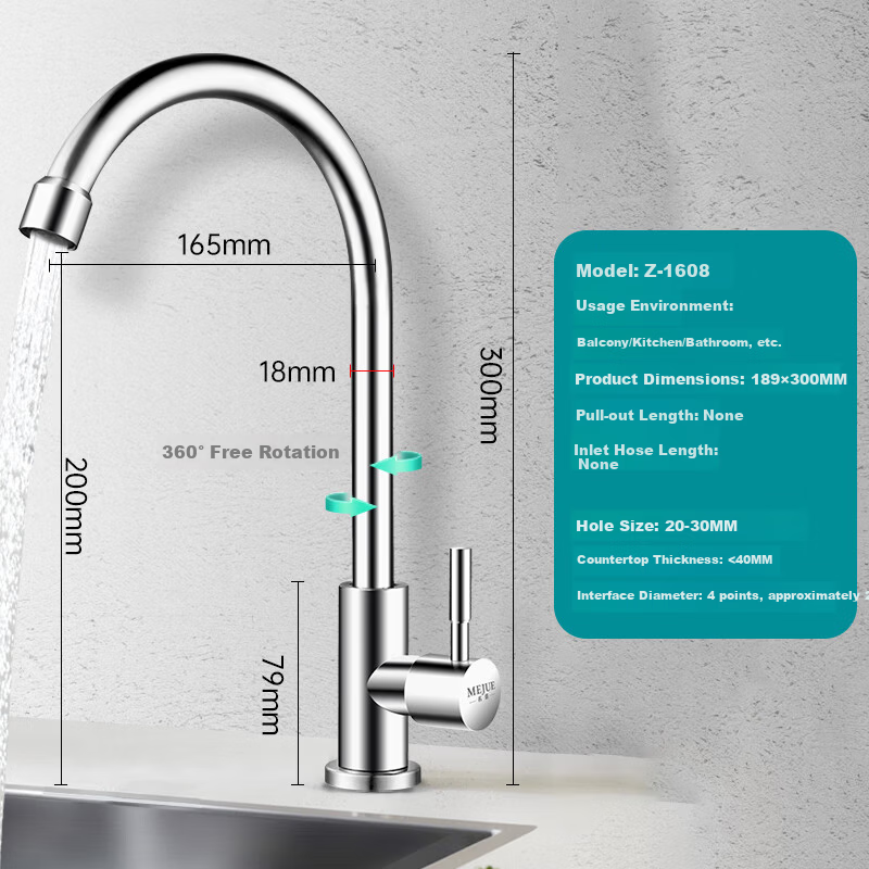 MEJUE Kitchen Single Cold Water Faucet 304 Stainless Steel Sink Faucet Vegetable Washing Basin Faucet Z-1608