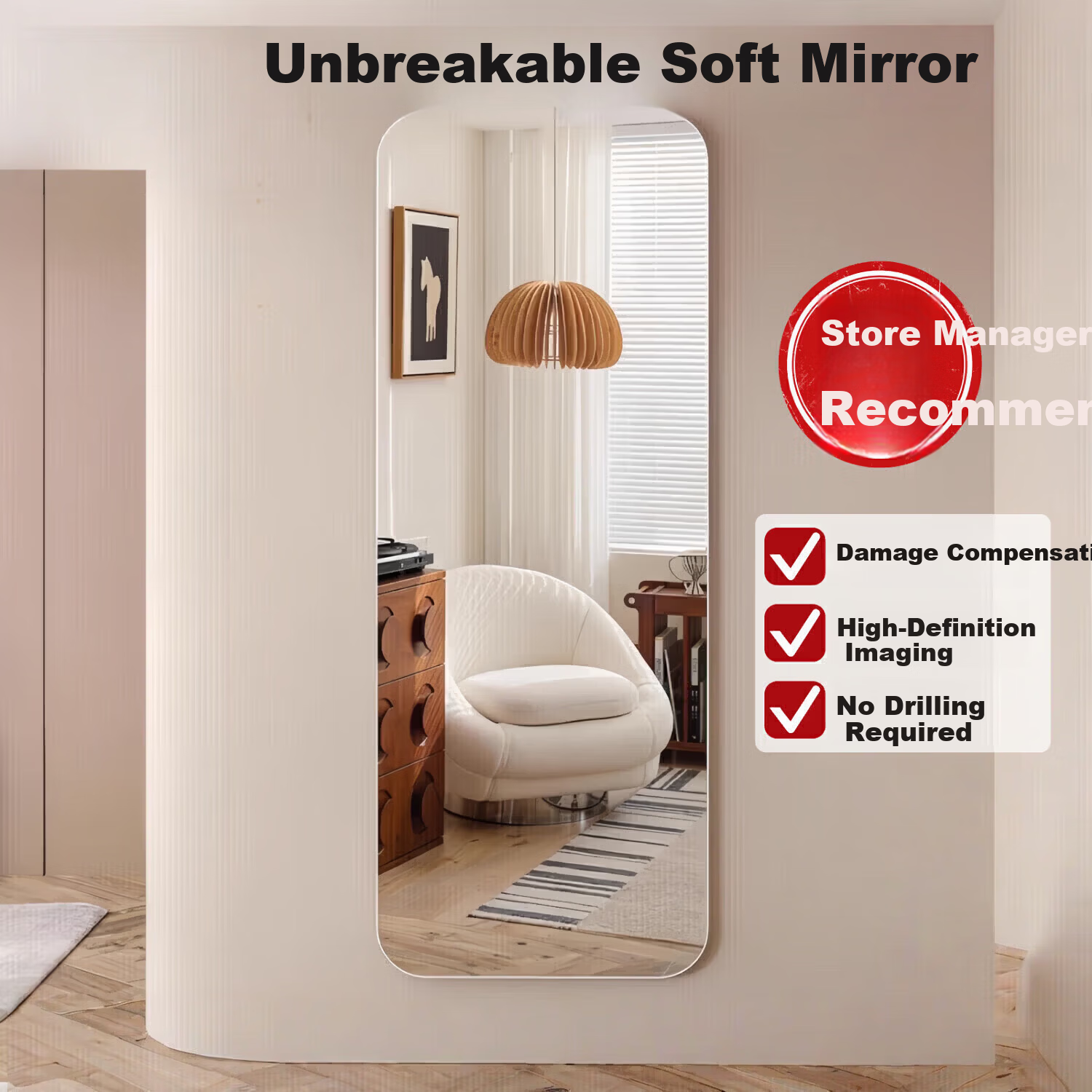 Millennium Huafu Acrylic Soft Mirror Full-Length Wall-Mounted Self-Adhesive Dressing Mirror for Dormitory Home 40*150cm