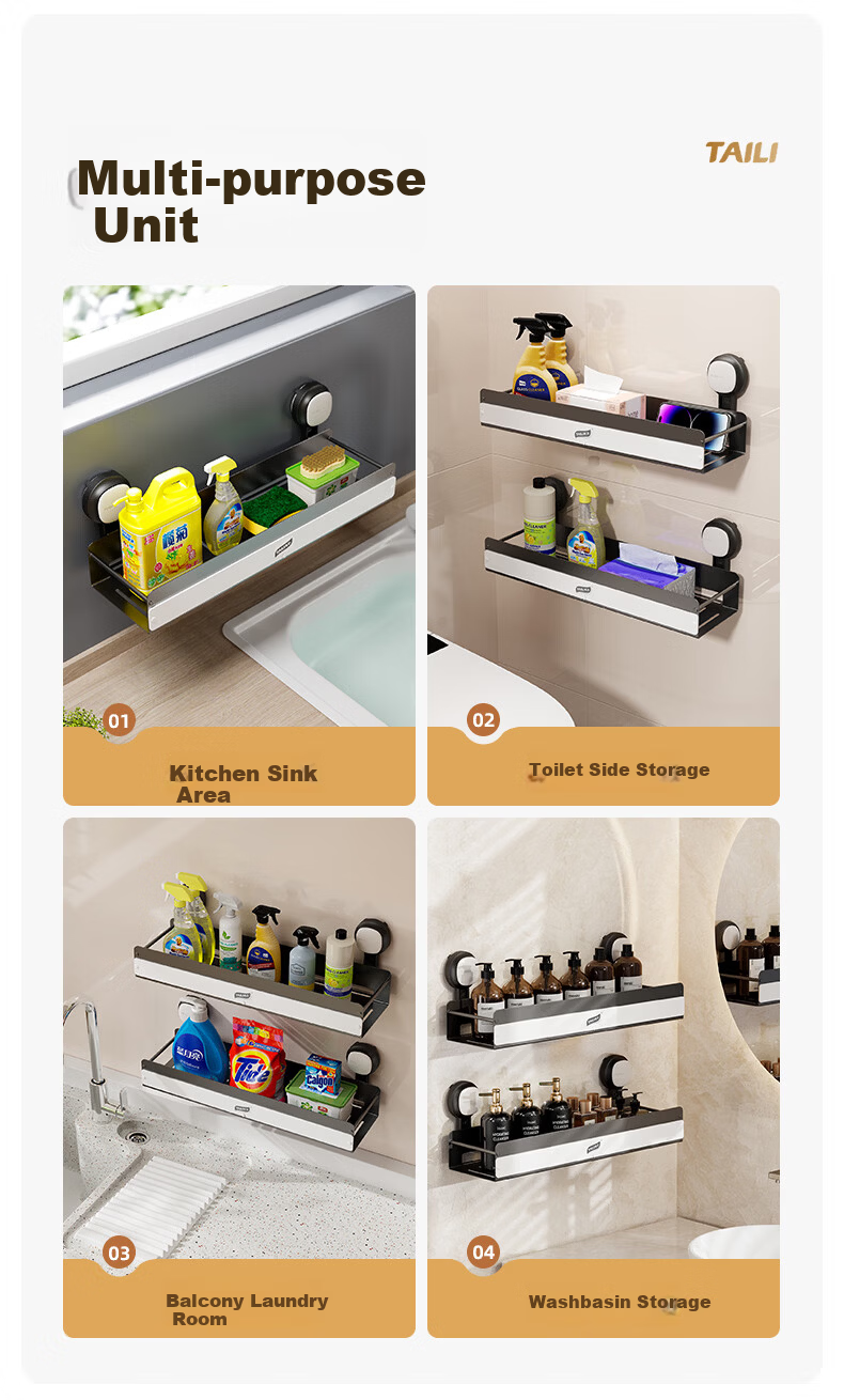 Taili Suction Cup Kitchen Storage Rack, Wall-Mounted Spice Rack, Multifunctional Organizer Shelf, No Drilling Required, 40cm 11