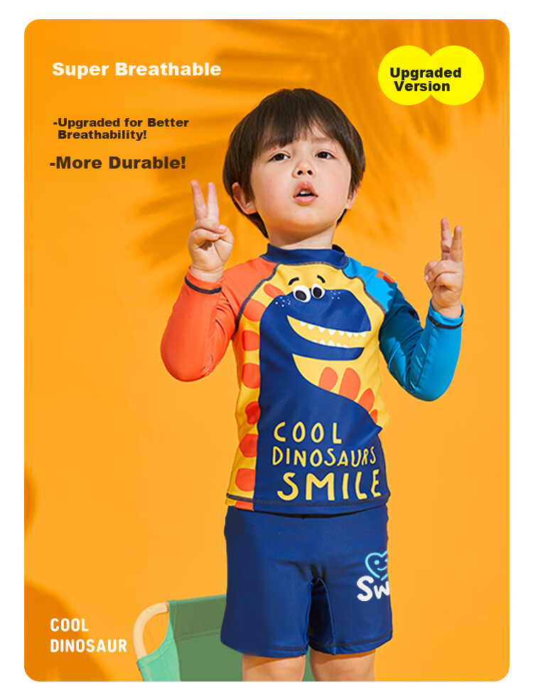 Sulang UPF50+ Sunscreen | 20% Spandex High Elastic Long Sleeve Shorts Boys Children's Swimsuit Dinosaur Walk 140 5