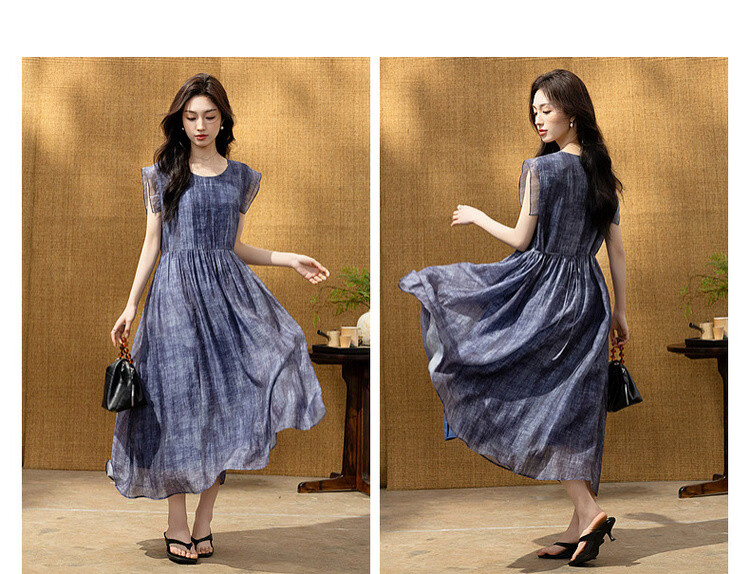 Demana [Breathable Tencel] Summer Ink-Style Print Round Neck Self-Tie Lightweight Dress for Women Premium Quality 11