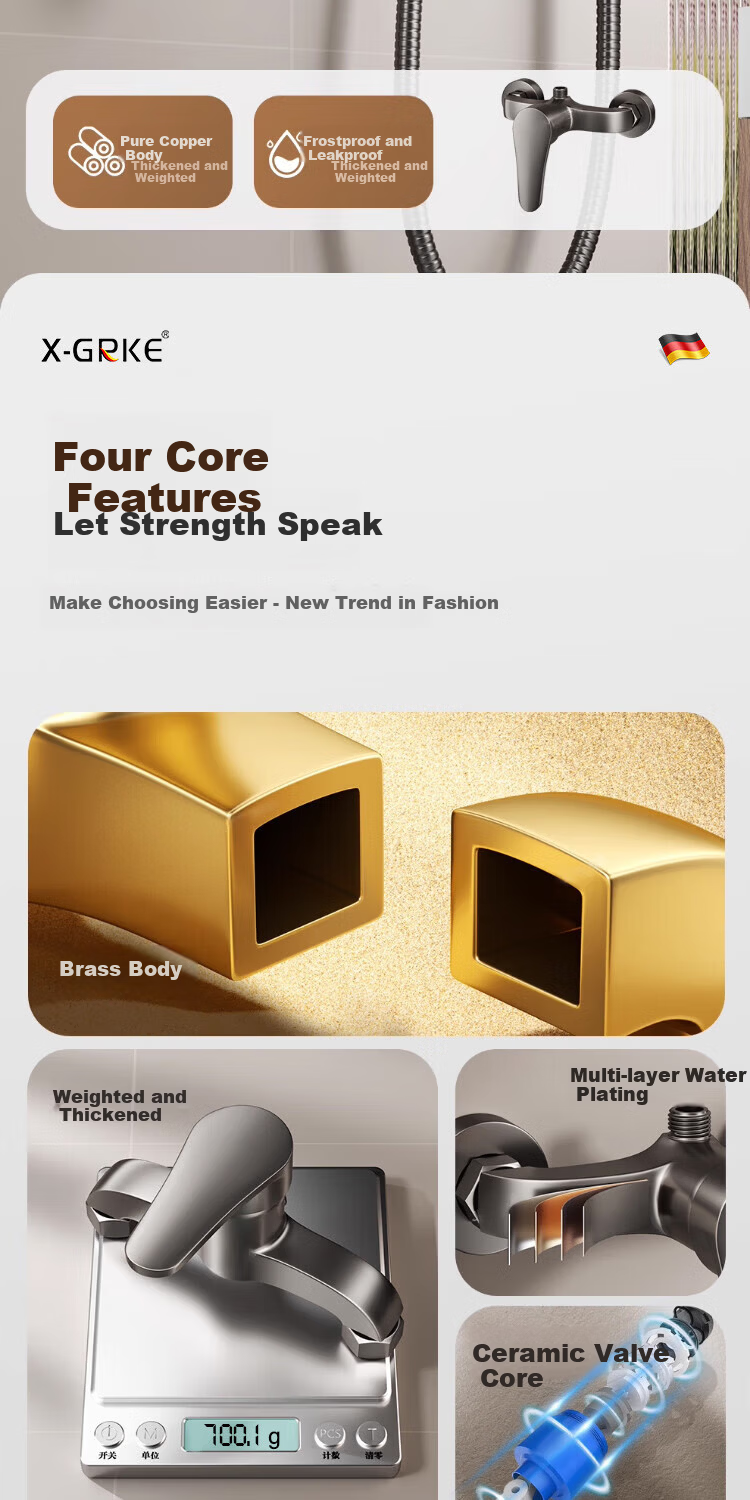 X-GRKE [Germany] Shower Faucet Set Full Copper Body Bathroom Shower Set High Pressure Shower Mixer Valve 5