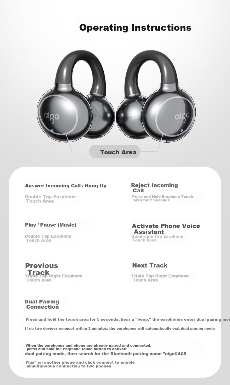 Aigo Bluetooth Clip-On Bone Conduction Wireless Noise-Cancelling Non-In-Ear Headphones for Kids Compatible with Xiaomi Apple CA05Plus Standard Edition White 9