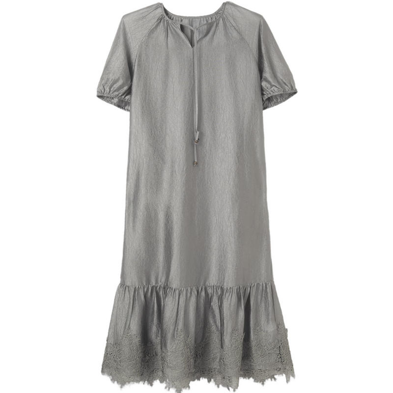 Demana Wrinkled Acetate Summer Vacation Style Tassel V-Neck Lace Splice Loose Mid-Length Women's Dress