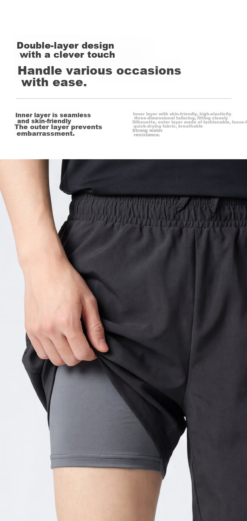Keep Men's Swim Trunks Double-Layer Sports Running Perforated Four-Point Swimming Shorts 130 Black L 11