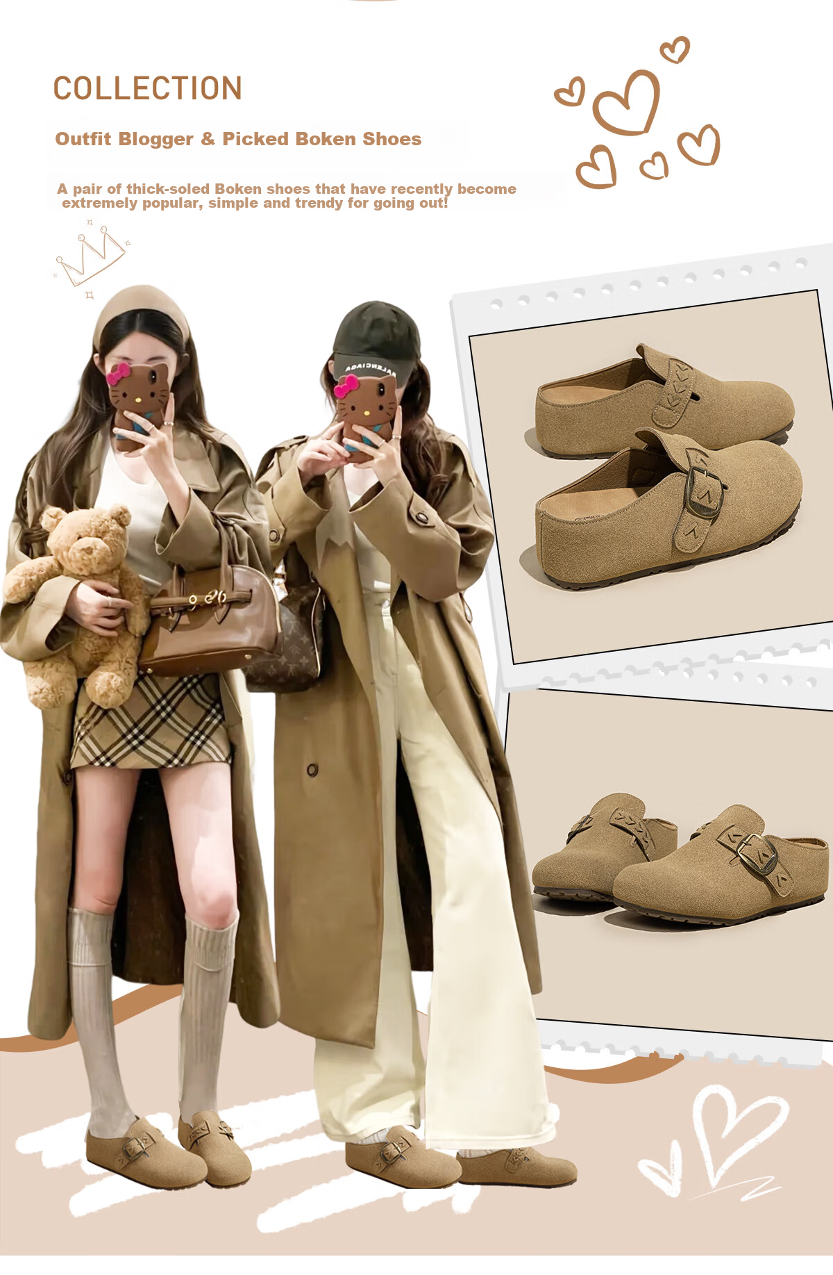 Warrior Thick Sole Birkenstock Women's New Autumn Winter Popular Height Increasing Slip-On Closed Toe Half Slippers Camel Color Size 38 5
