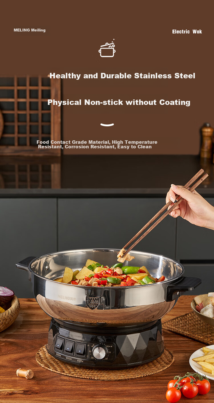 MeiLing Electric Frying Pan New Generation Healthy Large Capacity 304 Stainless Steel Electric Steamer Electric Cooker Stew Steam Cook Non-Stick Multifunctional All-in-One Electric Pot Multi-Purpose E 7