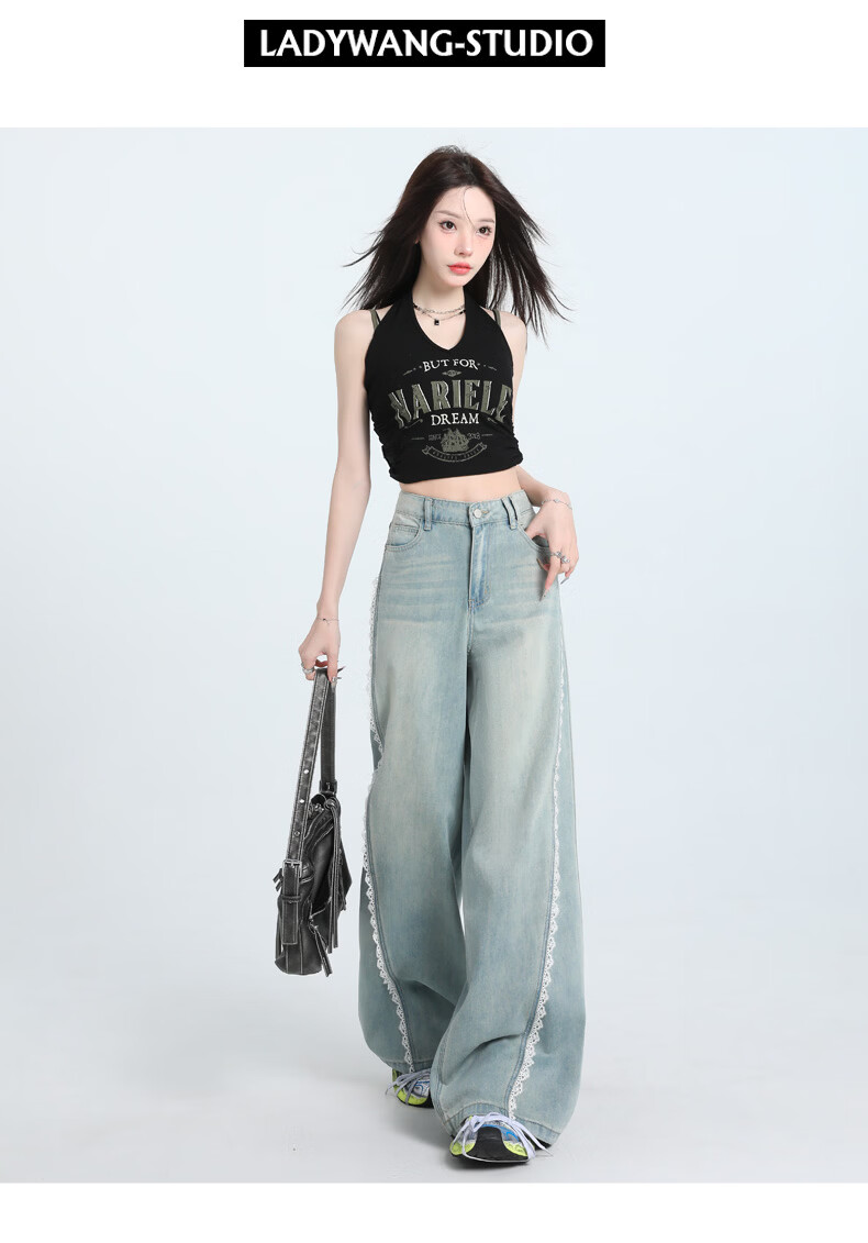 Jeanswest Women's Jeans 2026 Summer Retro Washed Light Lace Trim High Waist Washed Wide Leg Pants Light Blue M 16