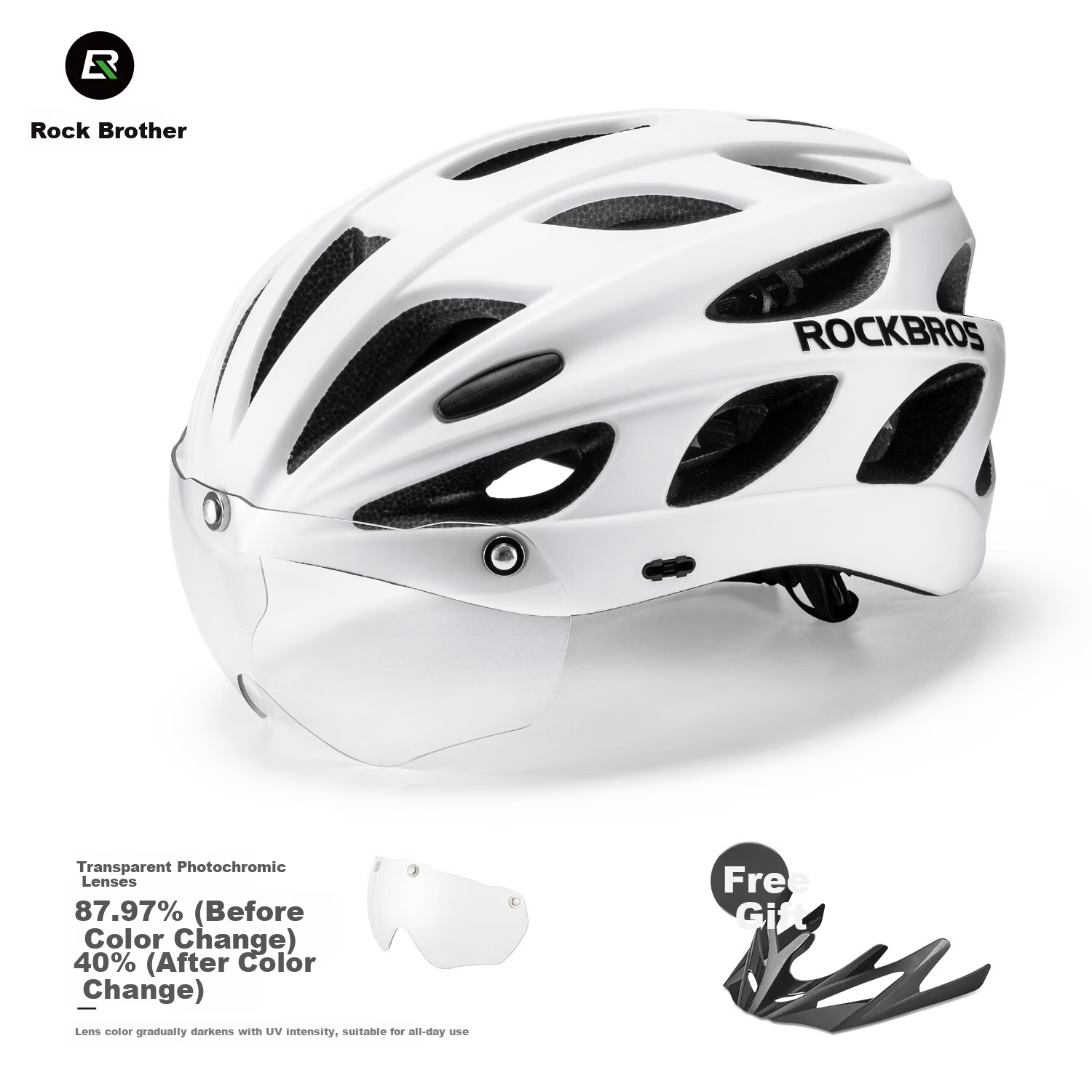 ROCKBROS Large Size Bicycle Helmet with Goggles, Wide And Enlarged Cycling Helmet for Men And Women, Road Bike, Pearl White with Photochromic Lenses