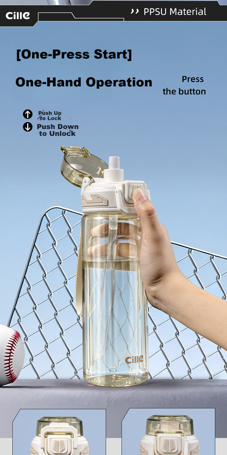 Cille Large Capacity Outdoor Sports Water Bottle for Men PPSU High-Value Heat-Resistant and Drop-Resistant Straw Cup Student Water Bottle 7