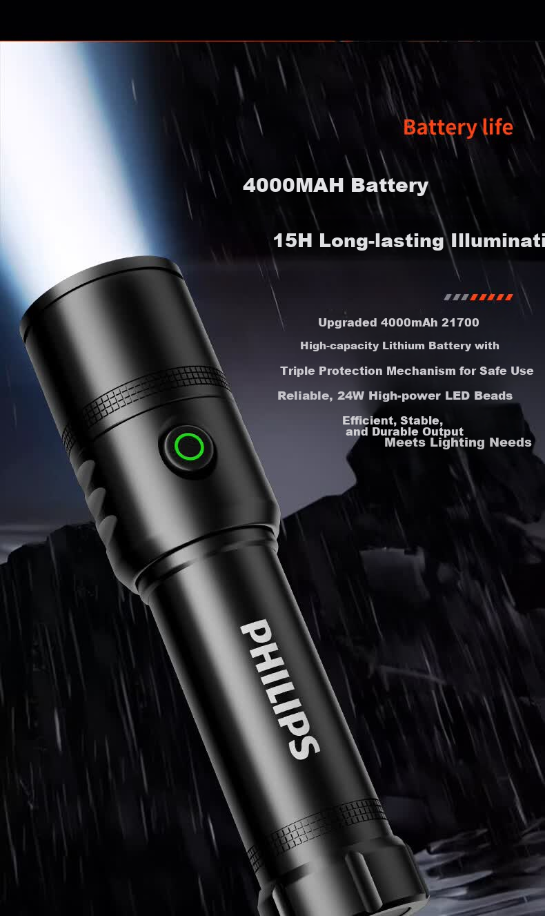 PHILIPS Portable Rechargeable High-Brightness Flashlight Long Battery Life 200000 Outdoor Home Use Compact Lumens Bike Light 2508 11