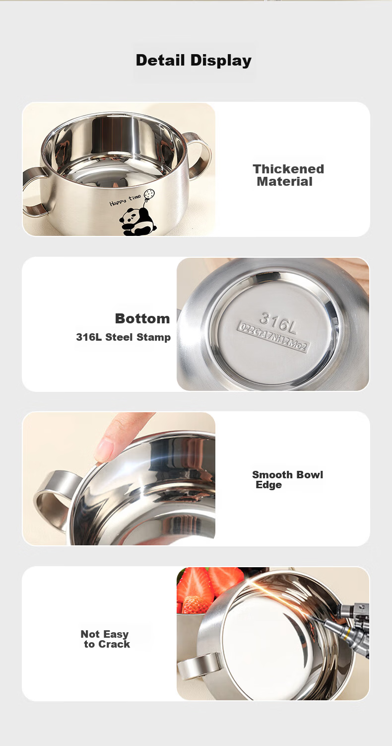 Baoshi 316 Stainless Steel Bowl Children's Eating Bowl Baby Double-Handle Supplementary Food Bowl 500ml with Lid and Suction Pad 7