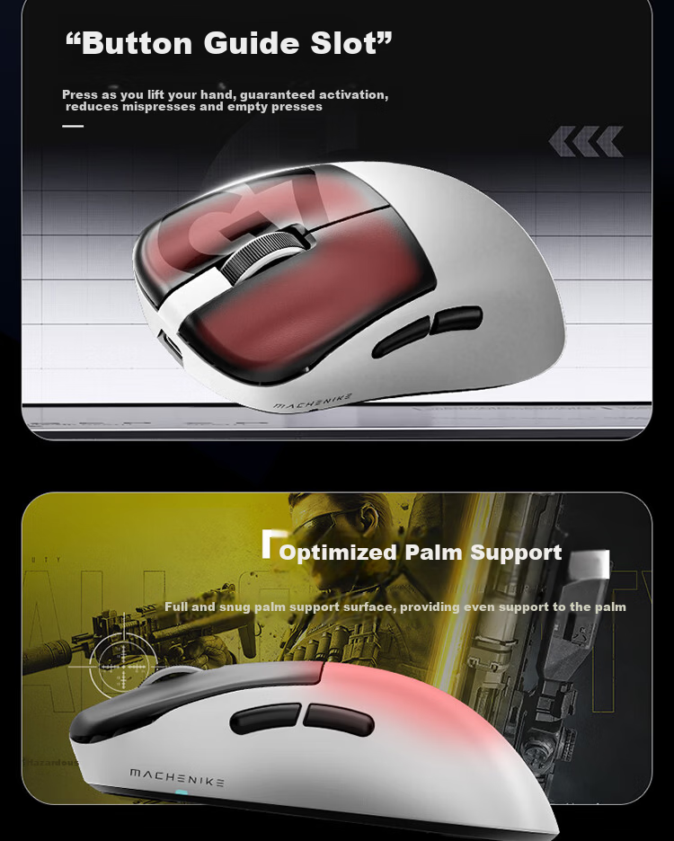 MACHENIKE G7 Lightweight Gaming Mouse Tri-Mode Connectivity Symmetrical Ergonomic Design Large Capacity Battery Long Battery Life Web Driver Black White 6