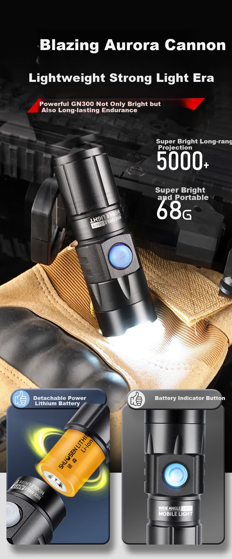 Shuosun Mini Portable Tactical Flashlight Military Ultra-Long Battery Life Strong Light Outdoor Lighting for Students 2