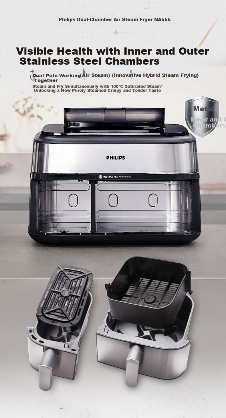 PHILIPS Double-Layer Stackable Air Fryer 10L Large Capacity Home Use Upper and Lower Double-Layer Visible Panoramic Skylight Air Fryer 2025 New Model NA462 Gift Included 11