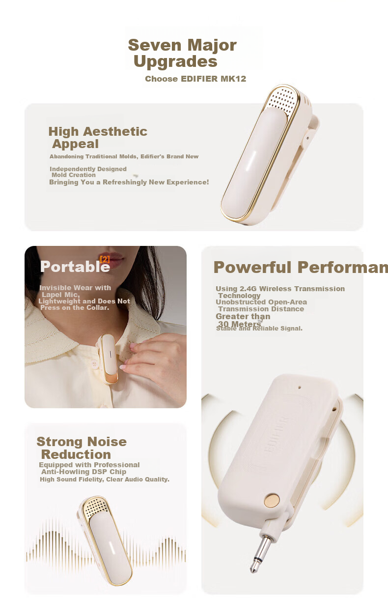 EDIFIER [2026 New Product] MK12 Clip-On Wireless Microphone, Lavalier Amplifier Outdoor Speaker Accessory, Clear Sound Pickup Long Battery Life Anti-Howling, Cloud Rock White 2