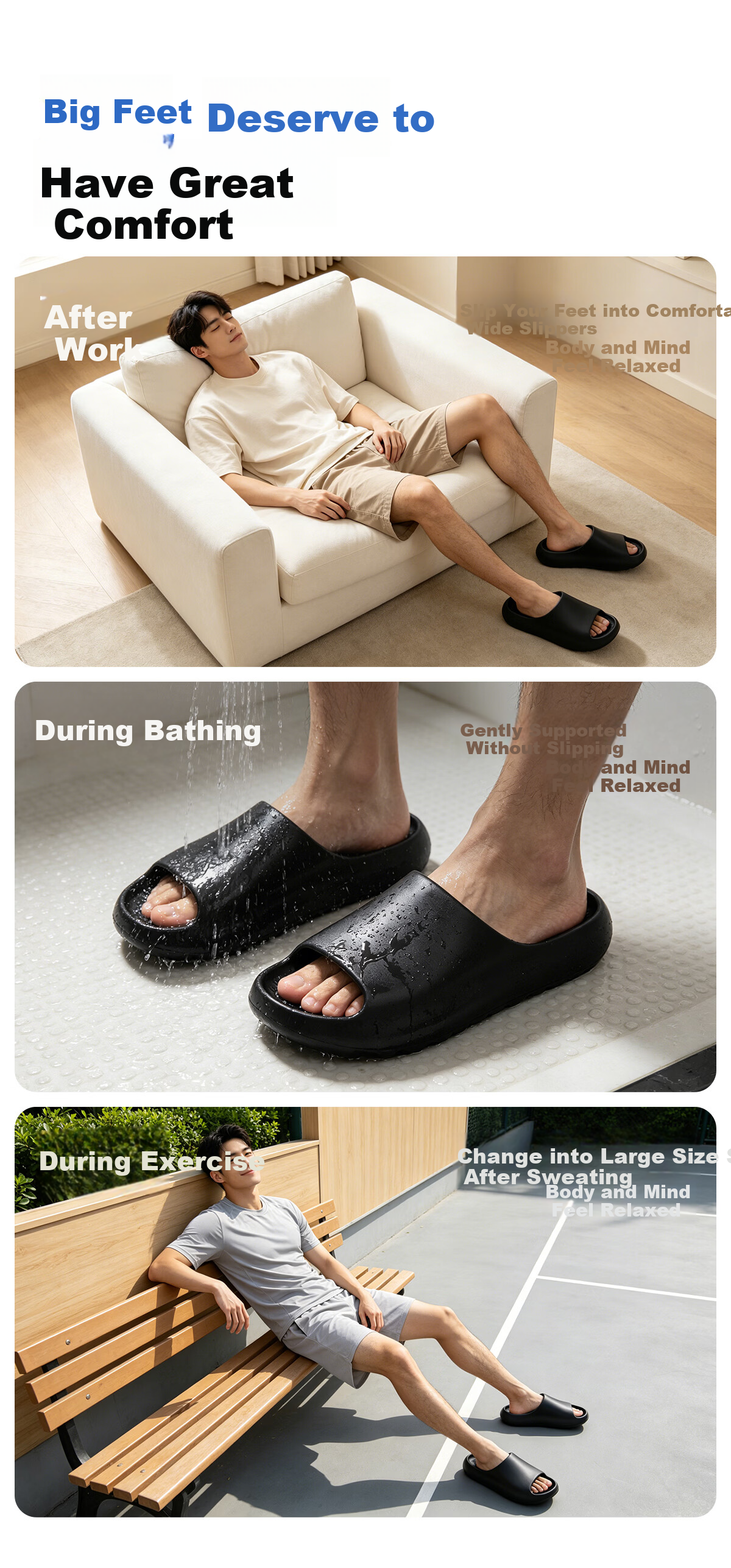 Big Cat Plus Size Men's Non-Slip Indoor EVA Bathroom Shower Slippers 4849 Extra Wide Thick Sole Black 46-47 5