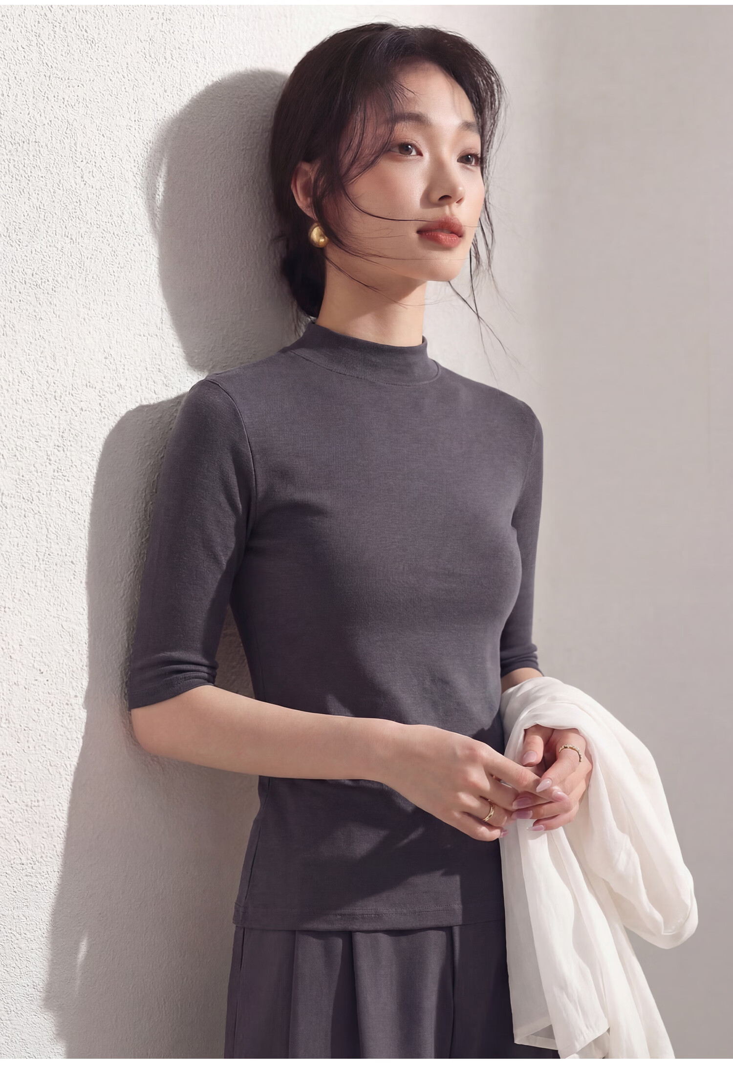 Tingmei Women's Summer Base Layer Shirt [10A Antibacterial] Small Stand Collar Short Sleeve Slim Fit Shoulder-Fitting Five-Sleeve T-Shirt Mid Sleeve 22