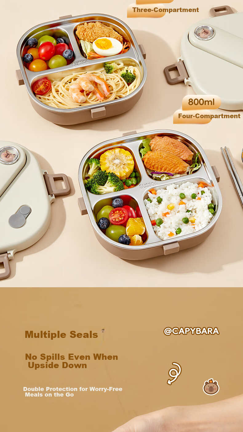 WORTHBUY Insulated Lunch Box 304 Stainless Steel Elementary School Cafeteria Divided Tray with Utensils Portable Bento Box Brown 3 4