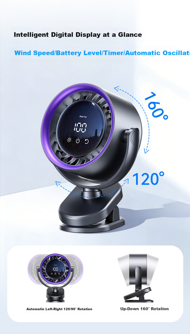 Kumeng Desktop Fan Cooling Small Portable Electric Fan Silent Digital Display Desktop Air Conditioner Circulation Fan Office Student Dormitory Long Battery Life USB Charging 18