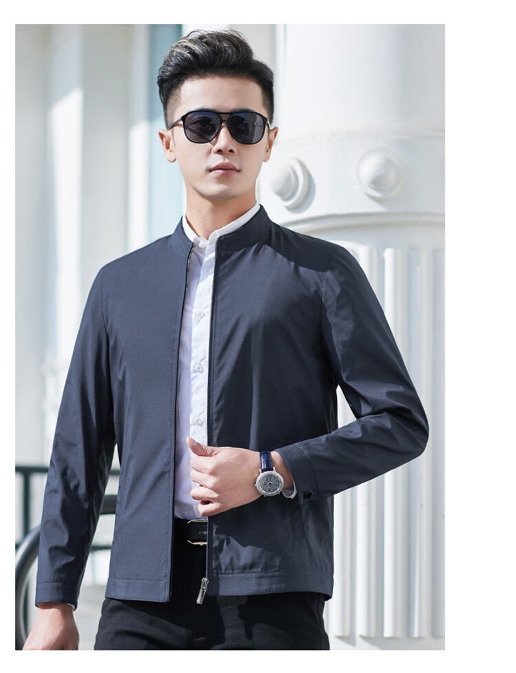 Caesar Stand Collar Jacket Men Spring Windproof Zip-up Business Casual Smooth Comfortable Commuter Coat 13