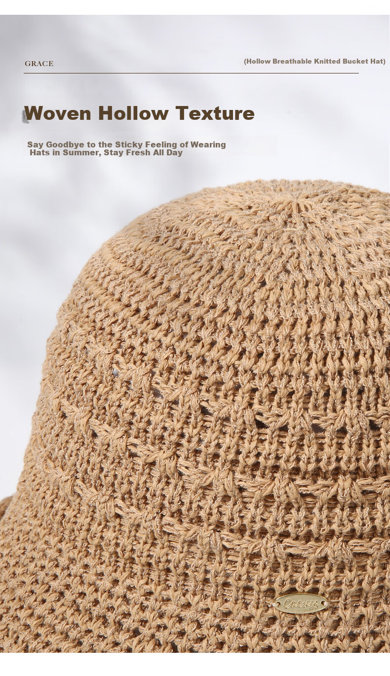 CACUSS Hollow Weave Sun Hat for Women Summer Outdoor Face-Slimming Retro Breathable Bucket Hat Khaki 4