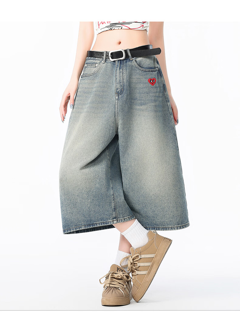 Charles Heart American Vintage Gradient Denim Cropped Pants Mid-Waist Loose Draped Wide-Leg Slimming Versatile Shorts Light Blue 2XL 17