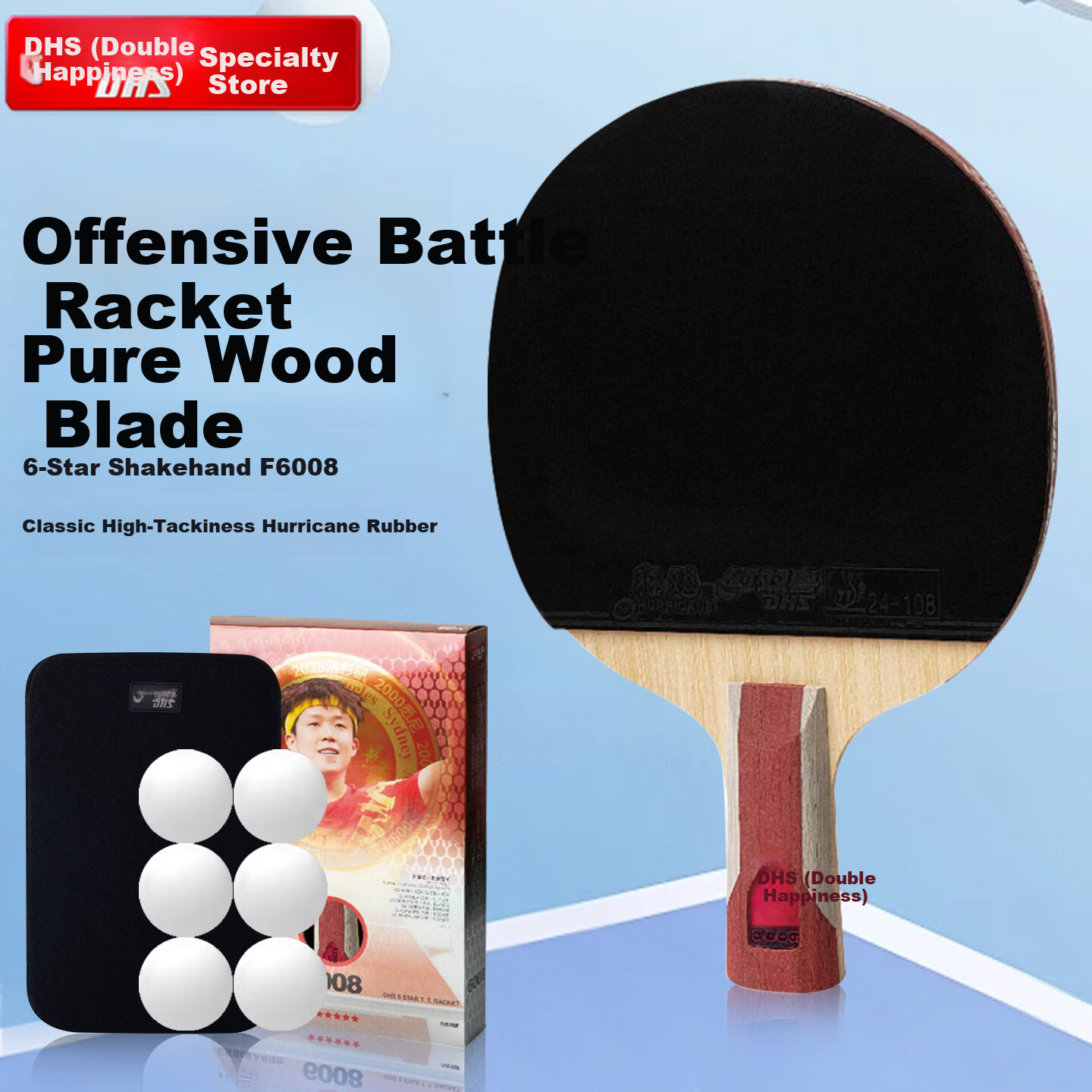 DHS Kuangbiao Six-Star Table Tennis Paddle, Straight Handle, Reverse Rubber, Combination of Looping And Fast Attack, F6008, Includes Racket Case