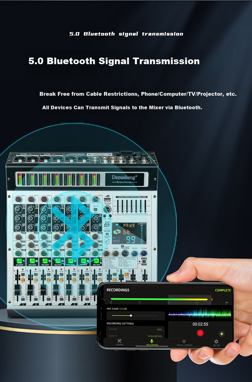Depusheng 8-Channel Professional Mixer with Grouping, Stage Conference Wedding Bar Training Campus, 99 Digital Reverb Types, MP3 Bluetooth, 48V Phantom Power, Equalizer, USB Sound Card, AUX Output TX- 8