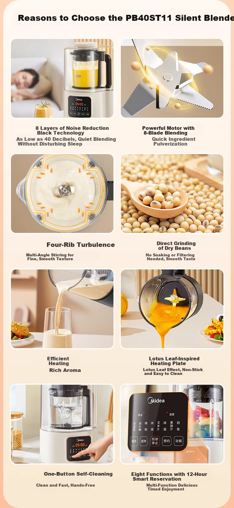 Midea High-Speed Blender, Soy Milk Maker for Home Use, Detachable And Washable, 1.75L Juicer, Quiet Operation, Food Processor for 3-5 People, High-Temperature Sterilization, MJ-PB1S1 5