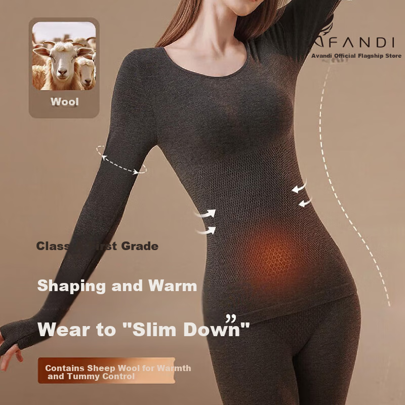 Avandi Women's Thermal Shapewear High Elastic Wool Base Layer Autumn Top and Bottom Set Seamless Slim Fit Warm Underwear