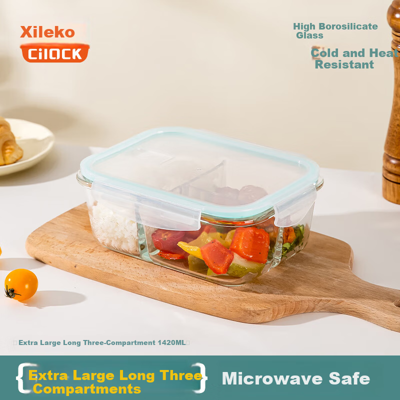 Cilock Glass Lunch Box for Office Workers, Microwaveable Large Capacity Bento Box with Three Compartments, Food Storage Container