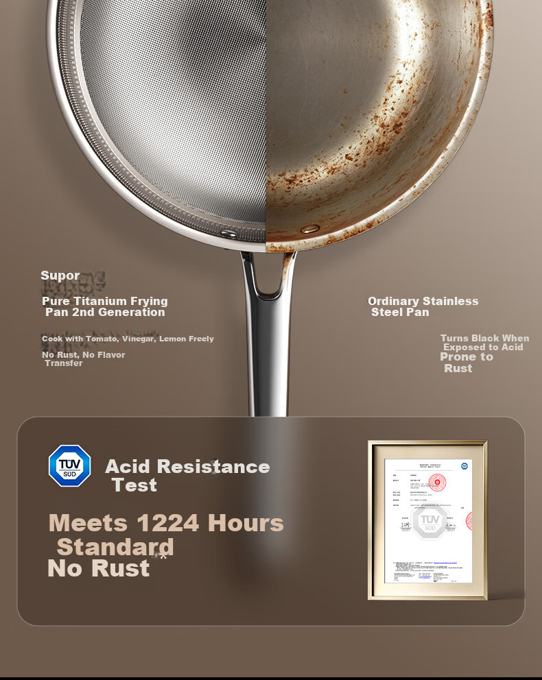 SUPOR Pure Titanium Wok 2nd Generation Non-Coated Healthy Non-Stick Titanium Pan Household Cooking Pot Annual New Release 25