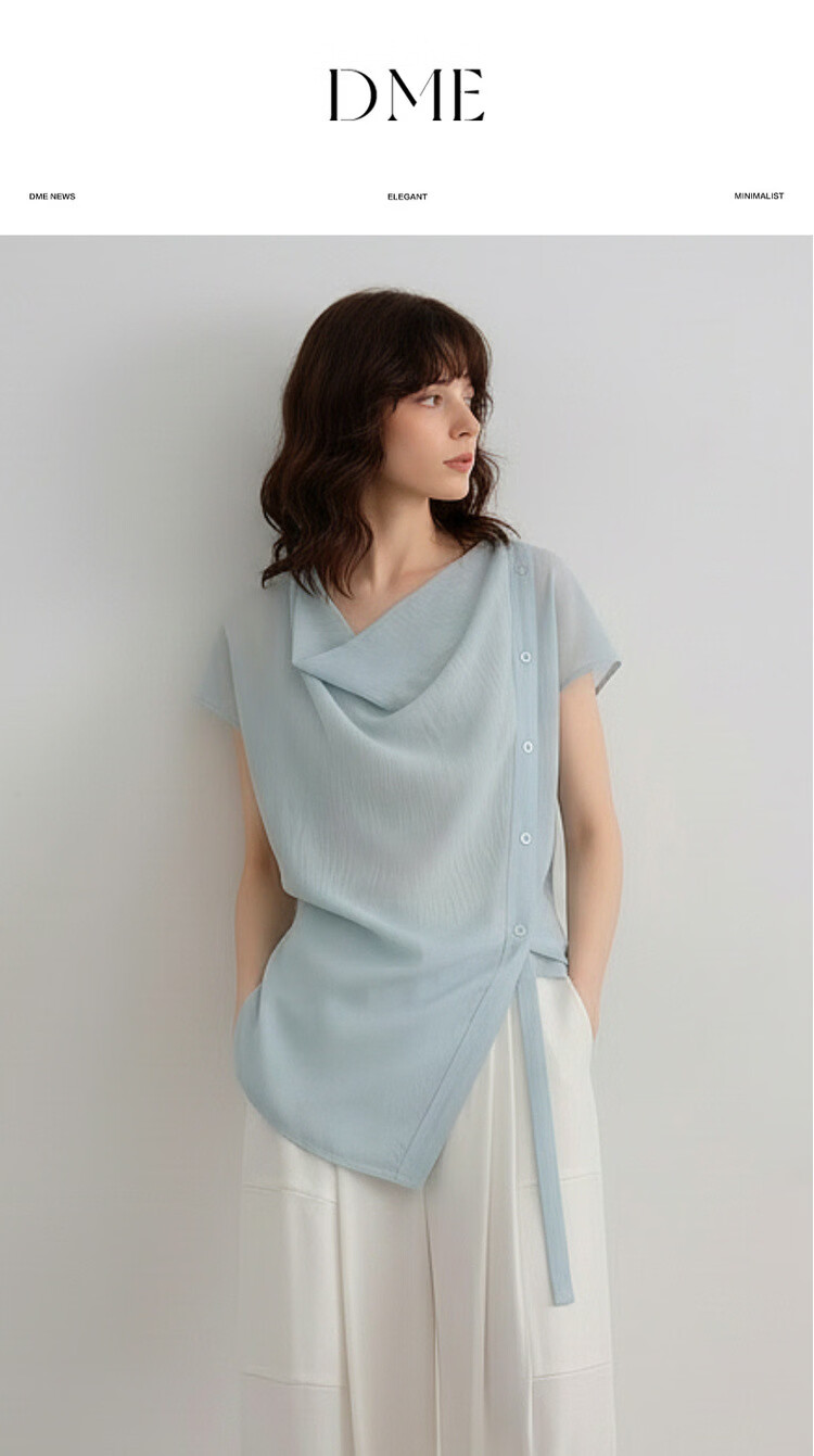 Demana [Translucent Aesthetics] Summer Draped Collar Adjustable Strap Shoulder Short Sleeve Lightweight Loose Slimming Women's Shirt 1