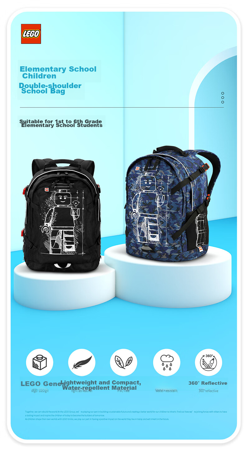 LEGO Children's Backpack Shoulder Bag for Grades 1-3 Lightweight Luminous Double Compartment Backpack for Boys And Girls Blue 20041 Gift 2