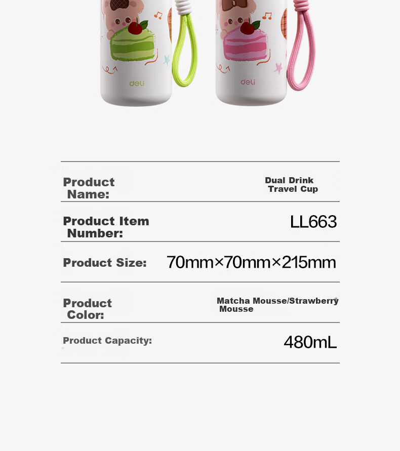 Deli Kids Student Insulated Bottle Strawberry Cake Cute Primary School Multifunctional Dual Drinking Spout Long-lasting Insulated Straw Cup 16