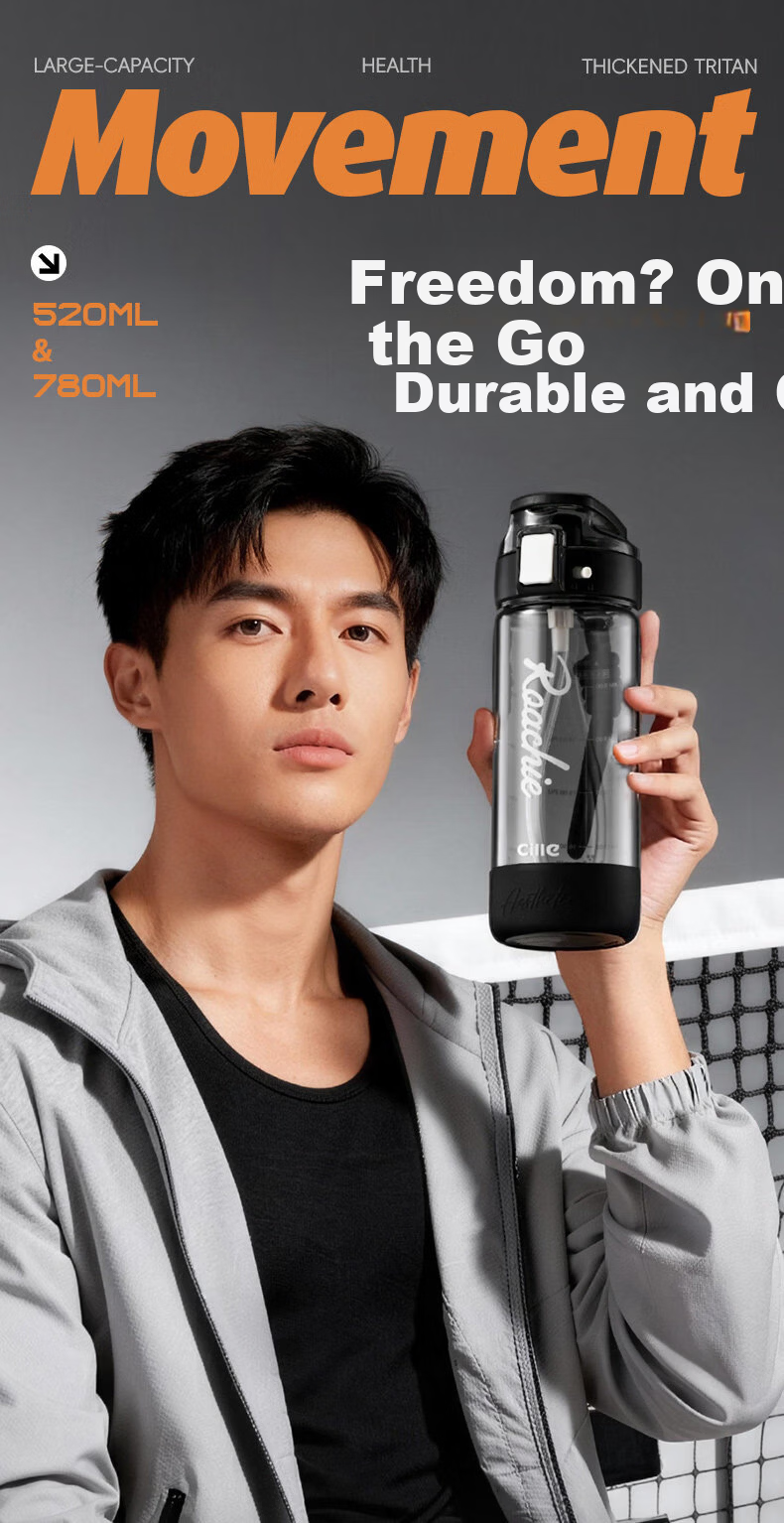 Cille Sports Water Bottle Large Capacity Flip Lid Straw Dual Drinking Mouth Tritan Material High Temperature Resistant Drop Resistant Student Plastic Cup 1