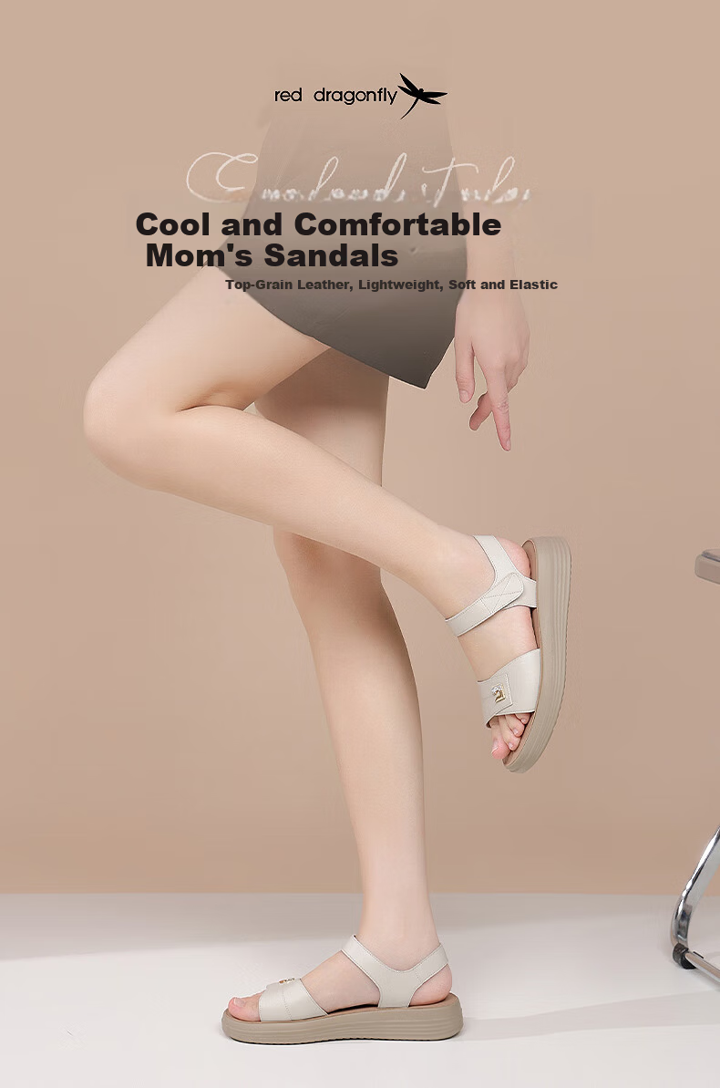 Red Dragonfly Women's Flat Sandals Soft Leather Soft Sole Middle-aged and Elderly Ladies Beach Shoes WTK251521 Black Size 37 1