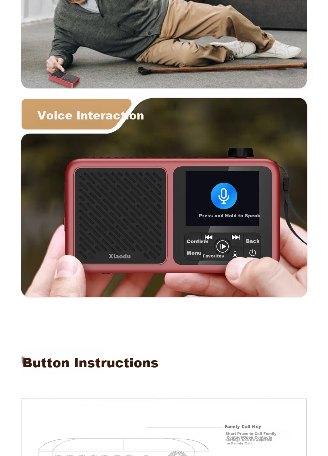 Xiaodu Elderly Companion Device Portable Outdoor Charging Card Smart FM Radio Senior Phone Voice On-Demand Massive Audio Resources Gift for Parents Family Elders Red 13
