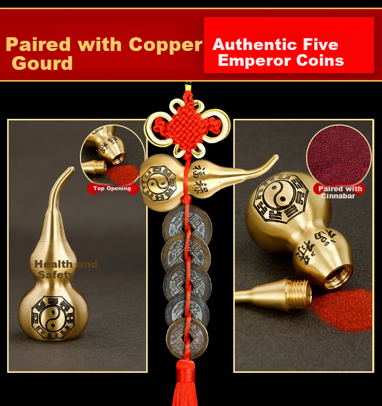 Feng Shui Pavilion Five Emperor Coins Pendant Brass Gourd with Cinnabar for Doorway Bedroom Kitchen Balcony Hanging Decor 9
