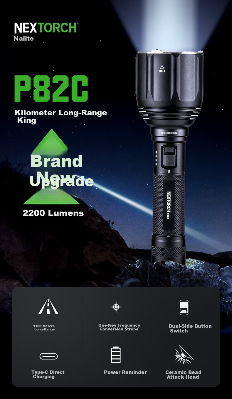 NEXTORCH P82C High Brightness Flashlight 1100m Long Range Searchlight 2200 Lumens Outdoor Emergency Self-Defense Torch 1
