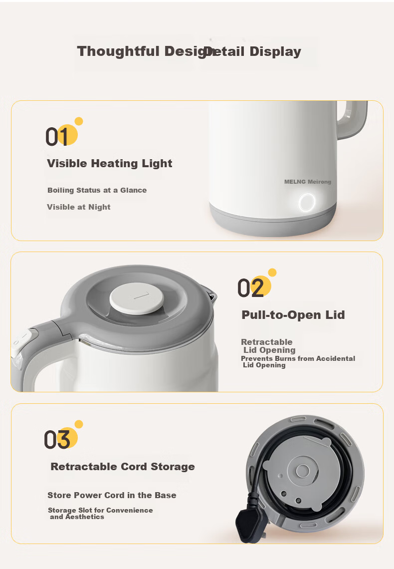 MeiLing [Price Protection 618] Electric Kettle, Hot Water Kettle, Household Double-Layer Anti-Scalding, 1.7L Large Capacity Inner Tank, 304 Stainless Steel MH-D601 4
