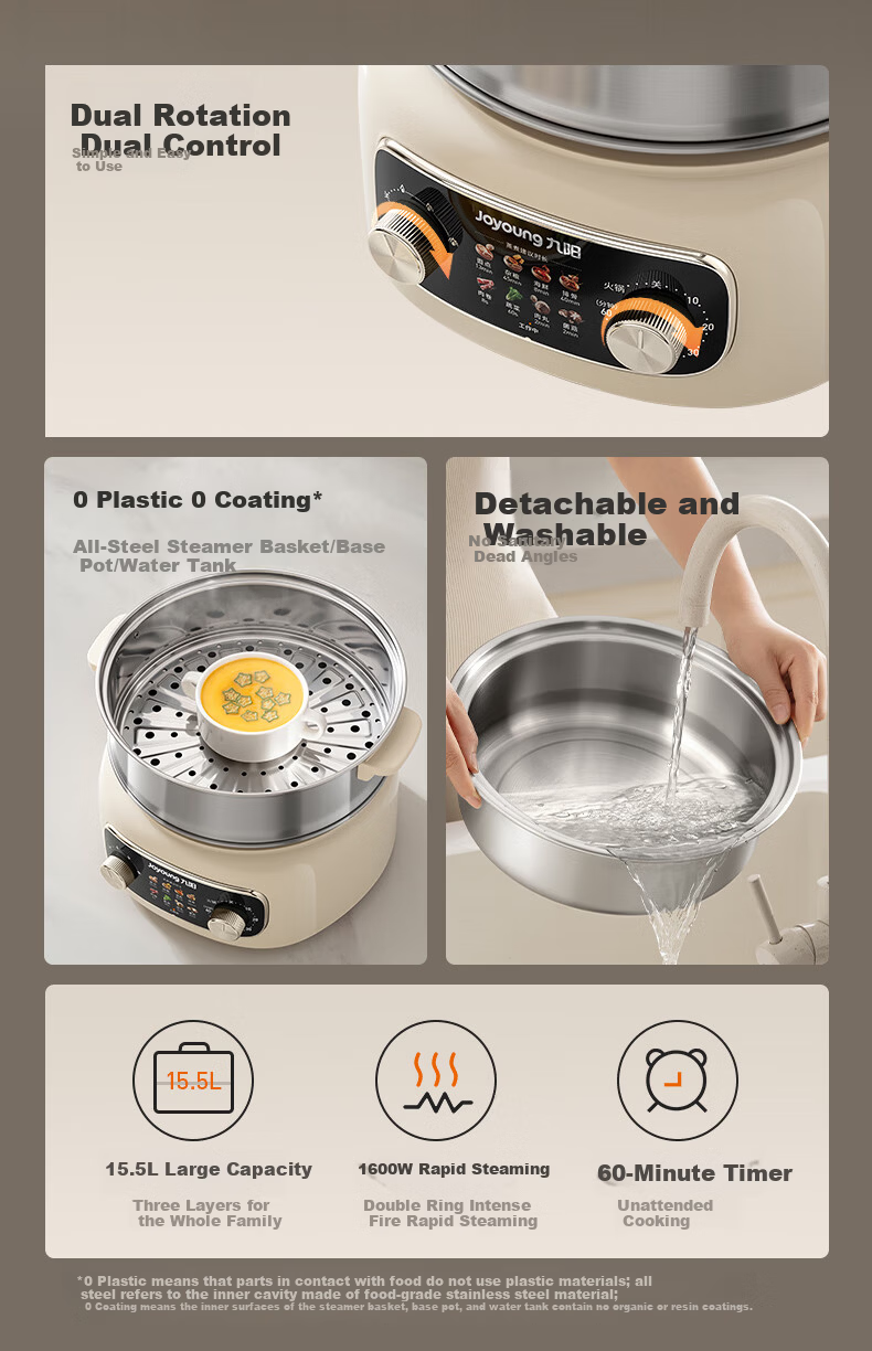 Joyoung 20L Electric Steamer 3-Layer Stainless Steel Multi-Functional Electric Hot Pot GZ568Ultra 2
