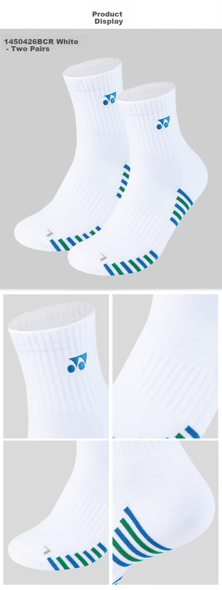 YONEX Badminton Socks Comfortable Breathable Sweat-Absorbing Terry Sole Running Professional Sports Socks Men 1450426BCR White 2 Pairs Pack 5