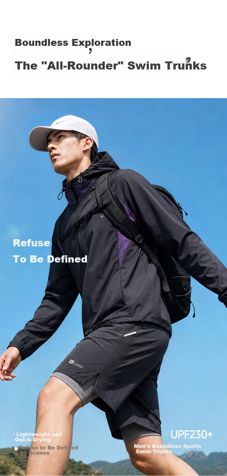 Keep Men's Swim Trunks Double-Layer Sports Running Perforated Four-Point Swimming Shorts 130 Black L 2