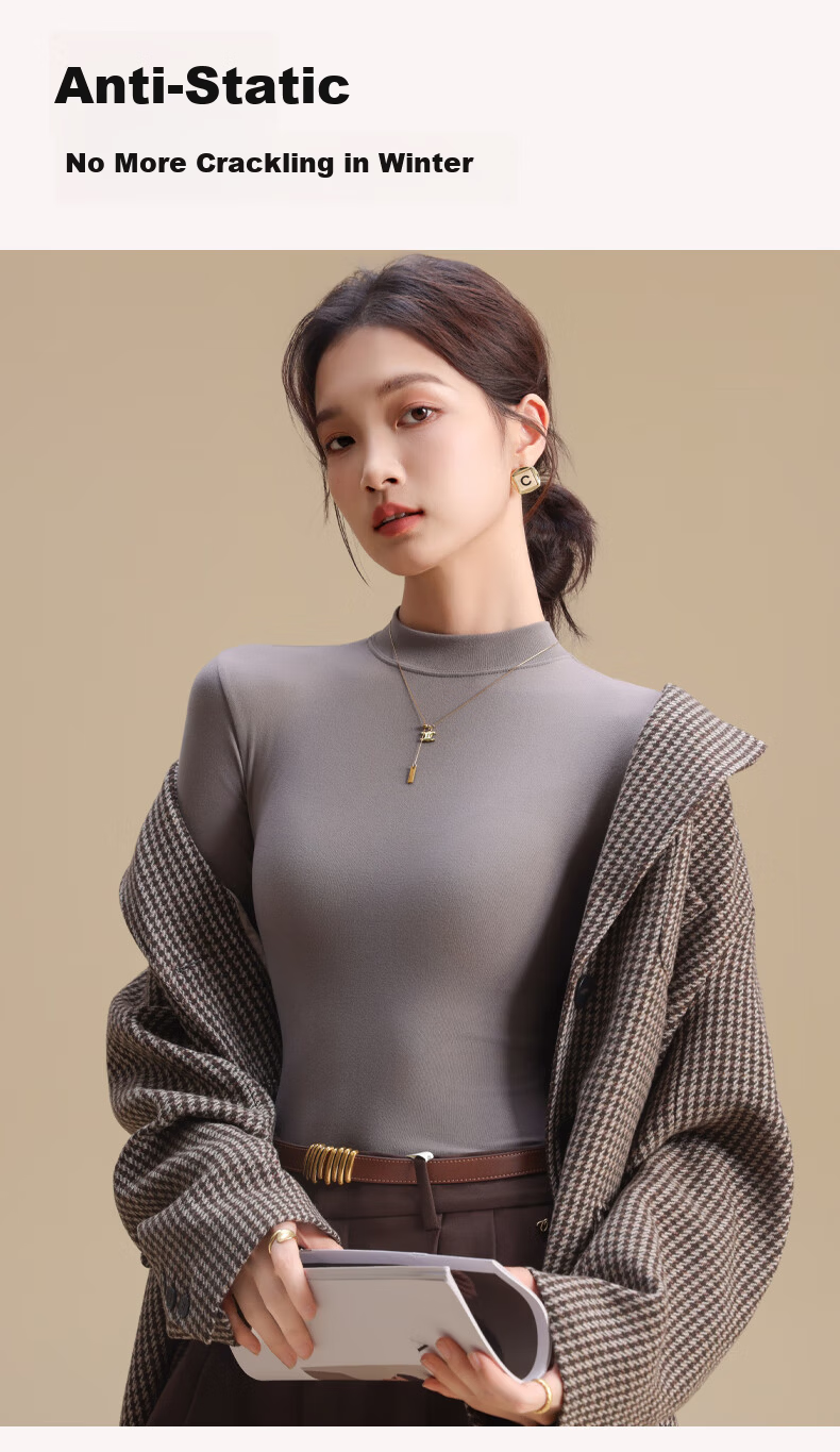 MiiOW Women's Half Turtleneck Thermal Base Layer Long Sleeve Thickened Fleece Lined Black and White Knit Top for Autumn and Winter 8