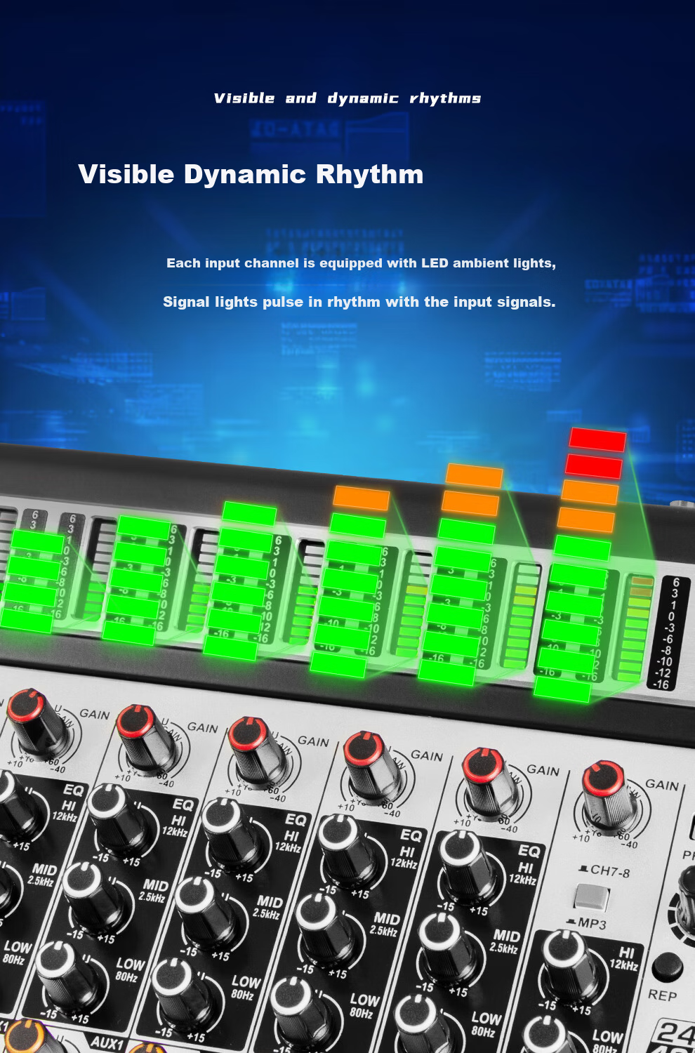 Depusheng 8-Channel Professional Mixer with Grouping, Stage Conference Wedding Bar Training Campus, 99 Digital Reverb Types, MP3 Bluetooth, 48V Phantom Power, Equalizer, USB Sound Card, AUX Output TX- 6